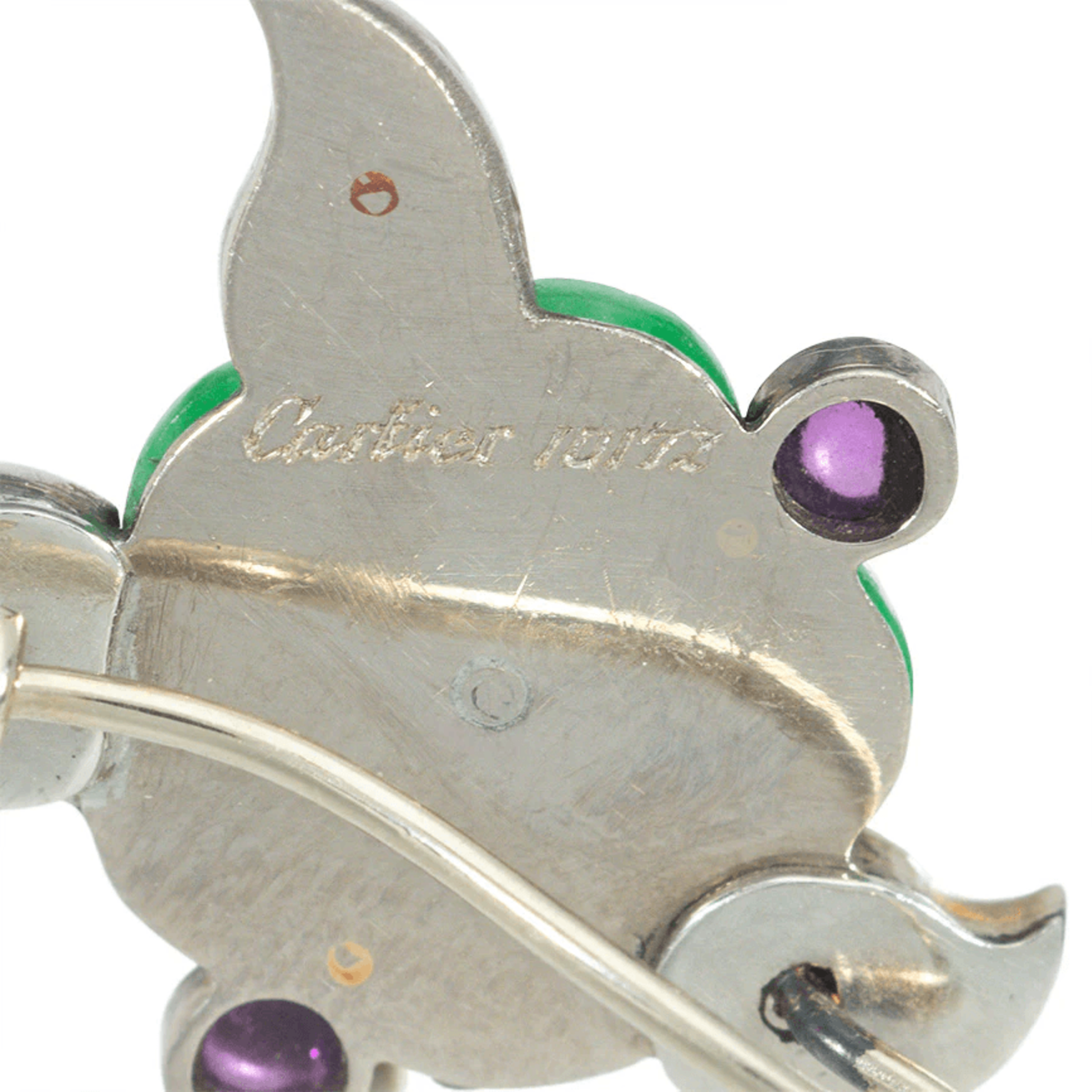 Cartier French Art Deco 18KT White Gold Jade, Amethyst, Diamond & Enamel Flower Earrings close-up of signature