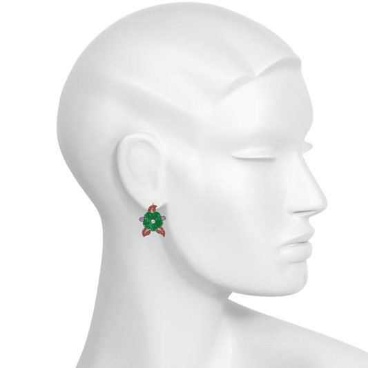 Cartier French Art Deco 18KT White Gold Jade, Amethyst, Diamond & Enamel Flower Earrings on ear