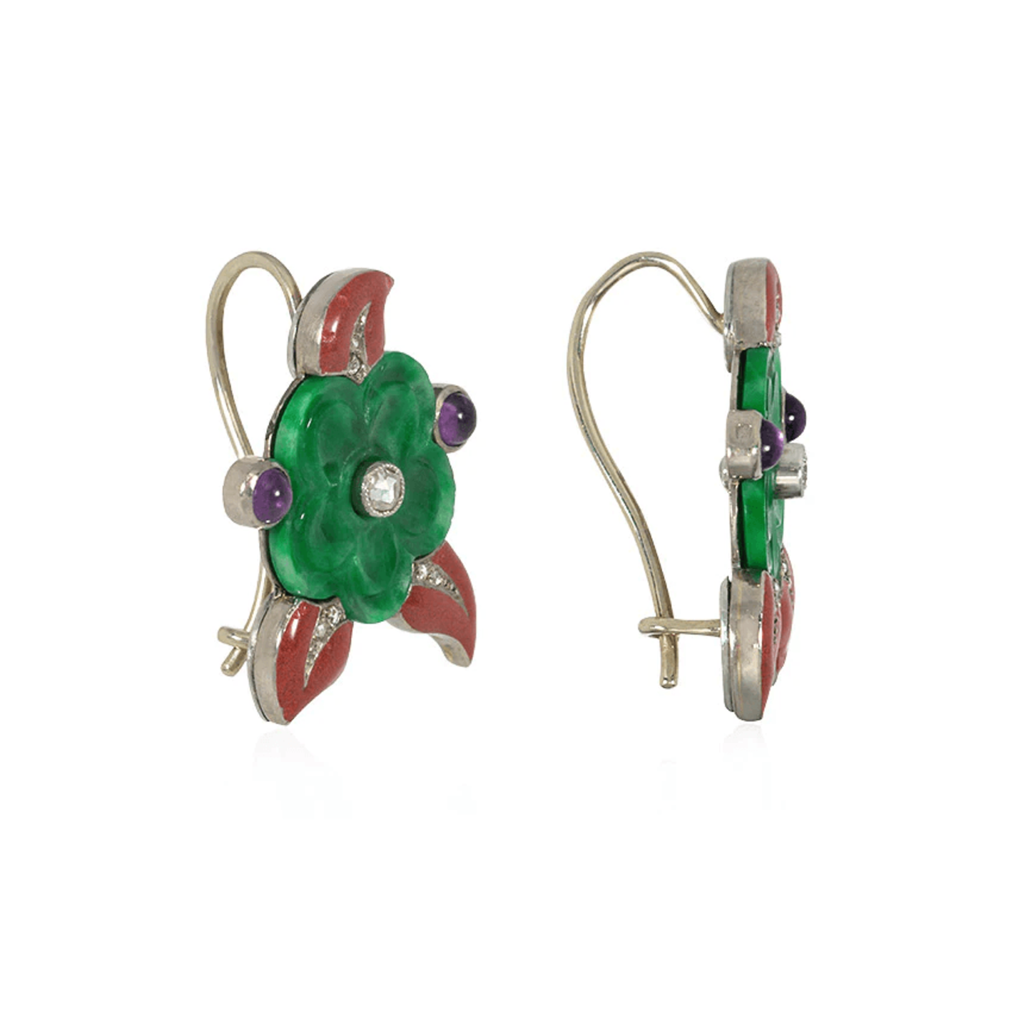 Cartier French Art Deco 18KT White Gold Jade, Amethyst, Diamond & Enamel Flower Earrings side