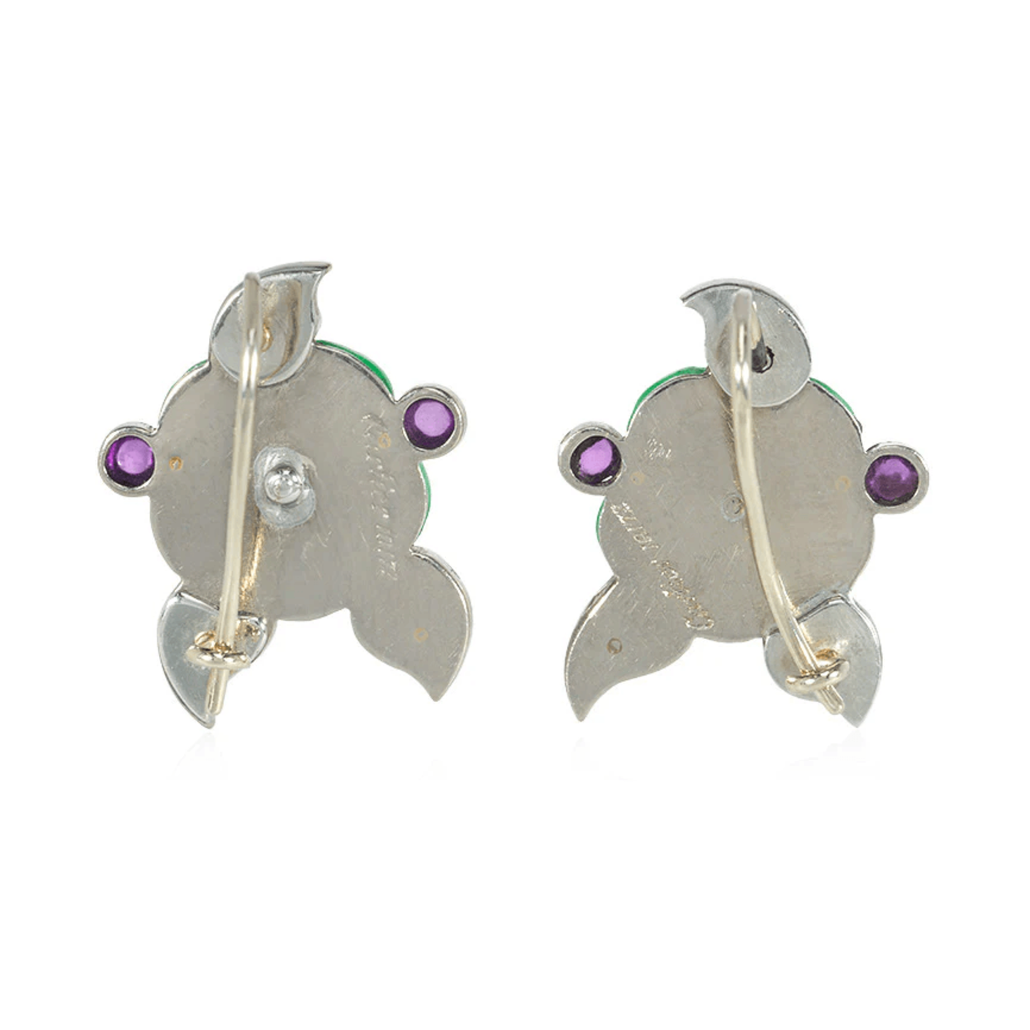 Cartier French Art Deco 18KT White Gold Jade, Amethyst, Diamond & Enamel Flower Earrings back