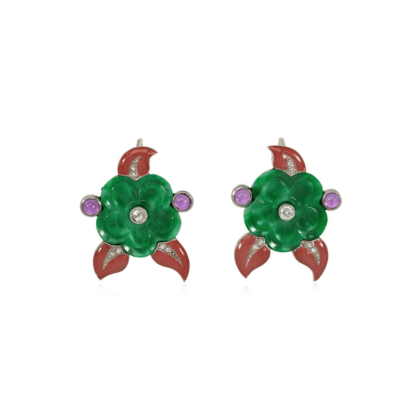 Cartier French Art Deco 18KT White Gold Jade, Amethyst, Diamond & Enamel Flower Earrings front