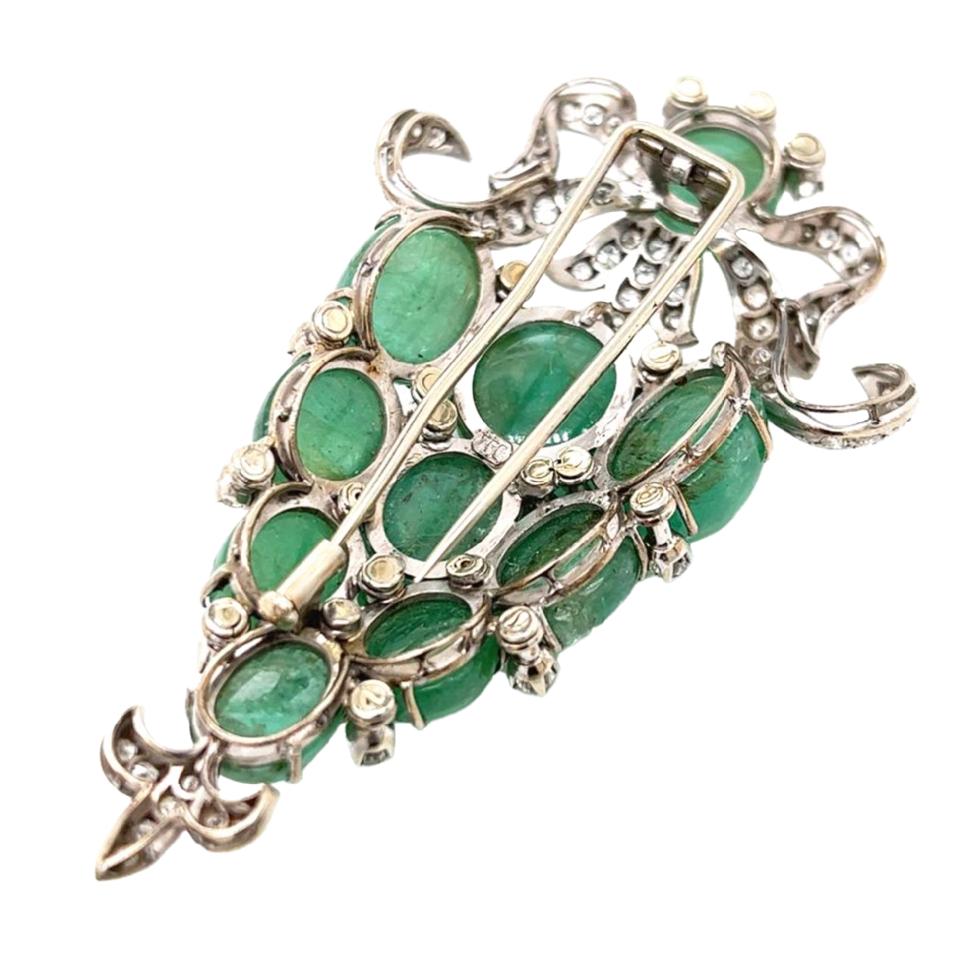 1950s 18KT White Gold Emerald & Diamond Brooch back