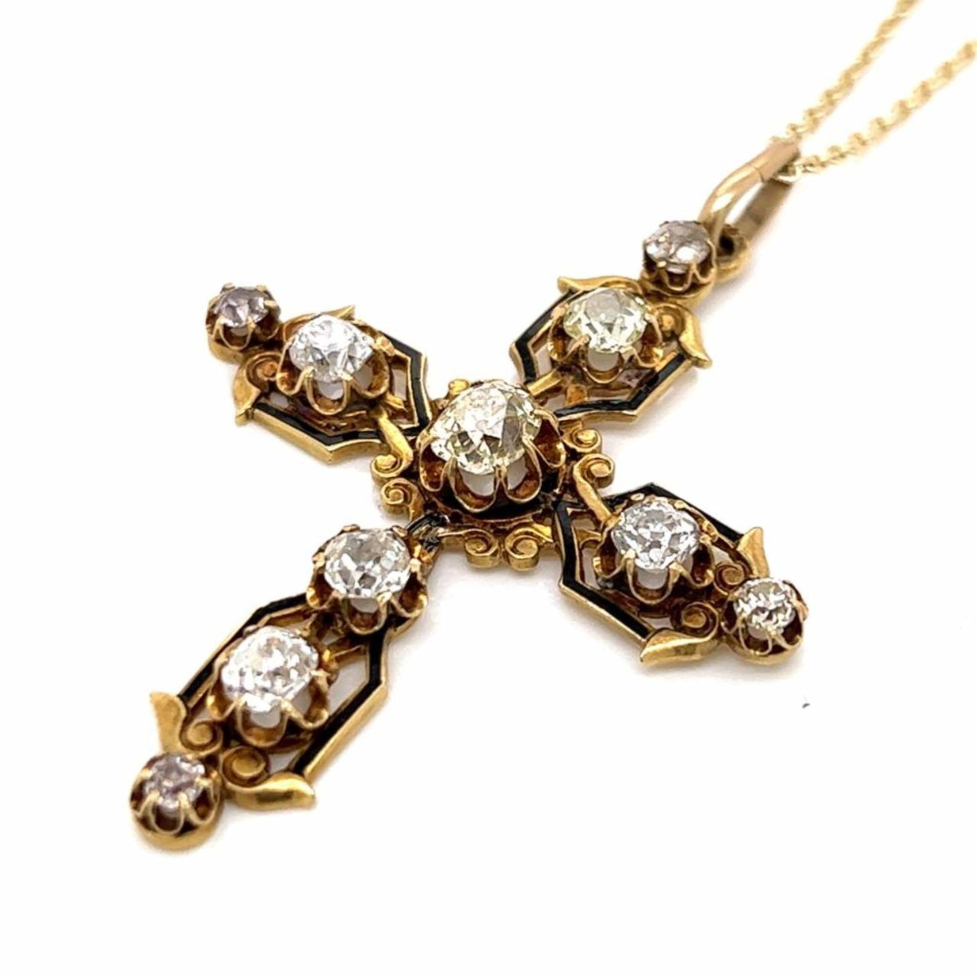 Victorian 14KT & 18KT Yellow Gold Diamond & Enamel Cross Pendant Necklace front and side