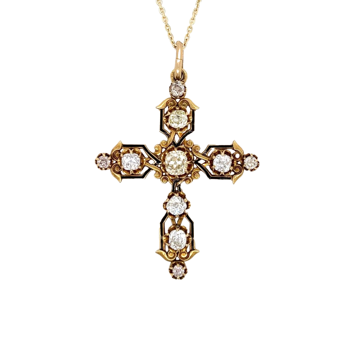 Victorian 14KT & 18KT Yellow Gold Diamond & Enamel Cross Pendant Necklace front