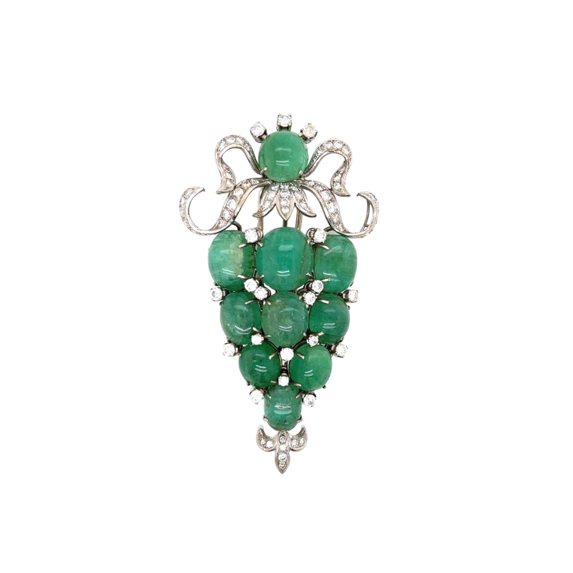 1950s 18KT White Gold Emerald & Diamond Brooch front