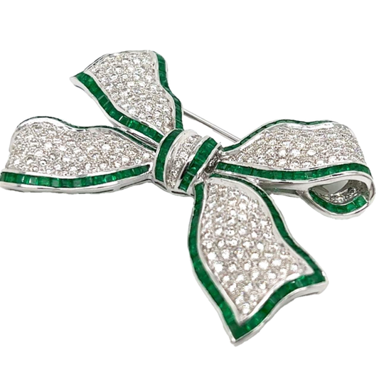 Post-1980s Platinum Diamond & Emerald Bow Brooch front