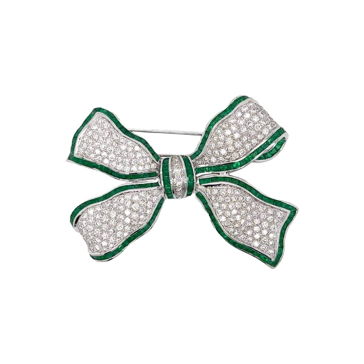 Post-1980s Platinum Diamond & Emerald Bow Brooch front