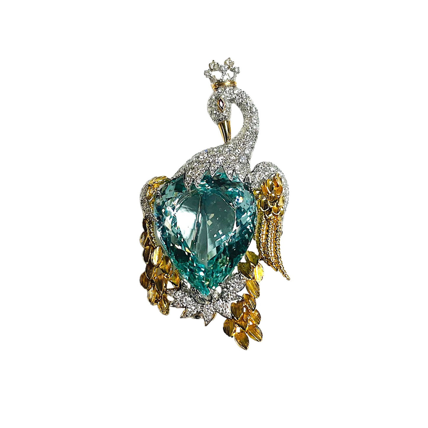 David Webb 1960s Platinum & 18KT Yellow Gold Aquamarine & Diamond Swan Brooch front