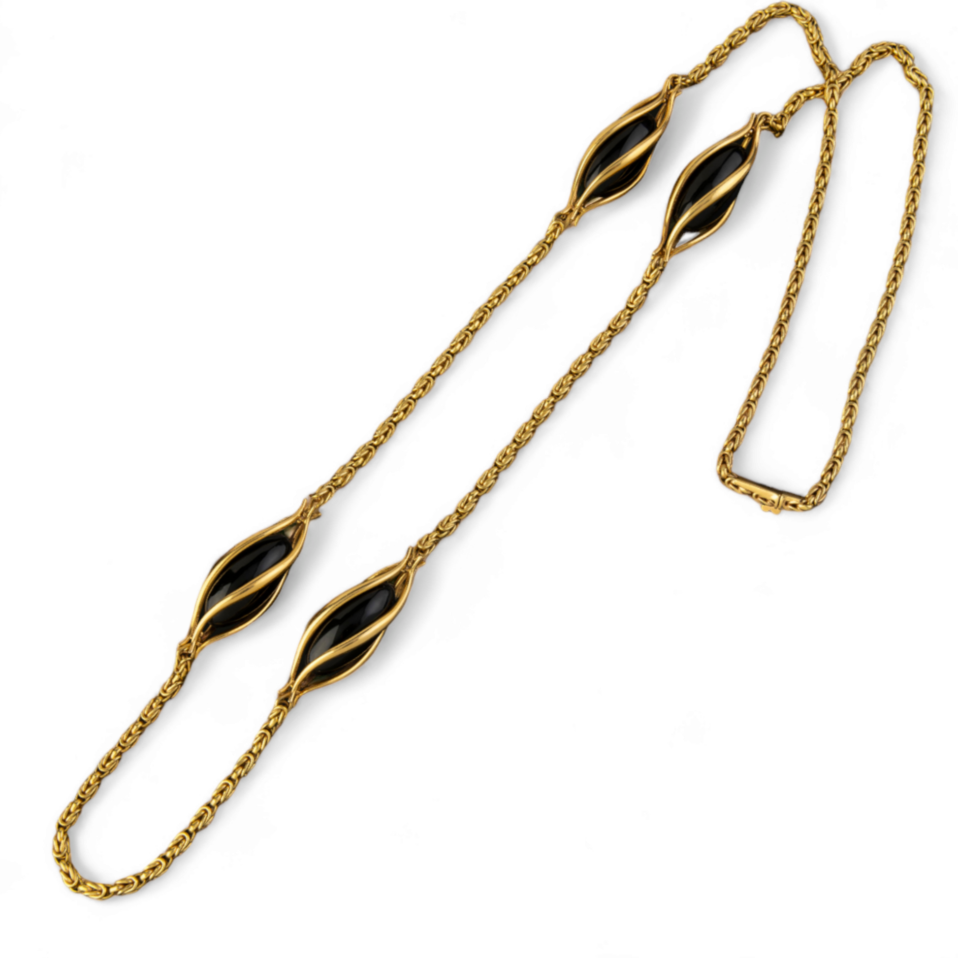 Bucherer 1970s 18KT Yellow Gold Onyx Byzantine Link Chain Necklace front