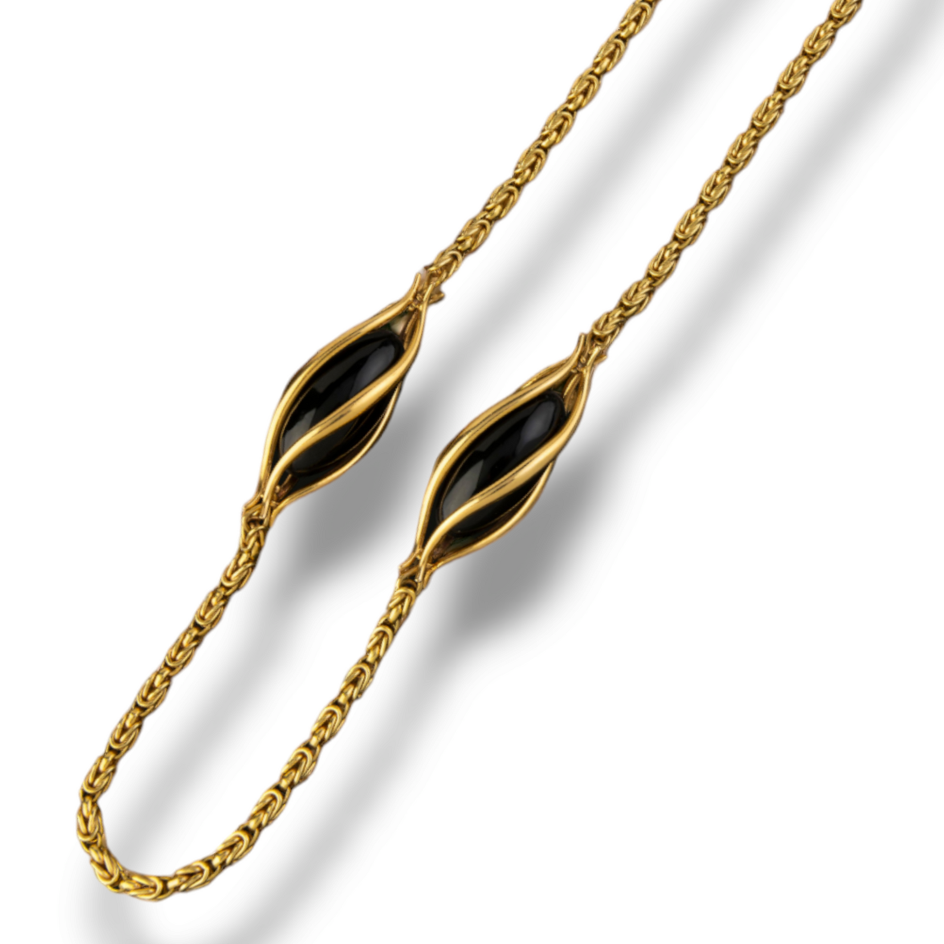 Bucherer 1970s 18KT Yellow Gold Onyx Byzantine Link Chain Necklace close-up front