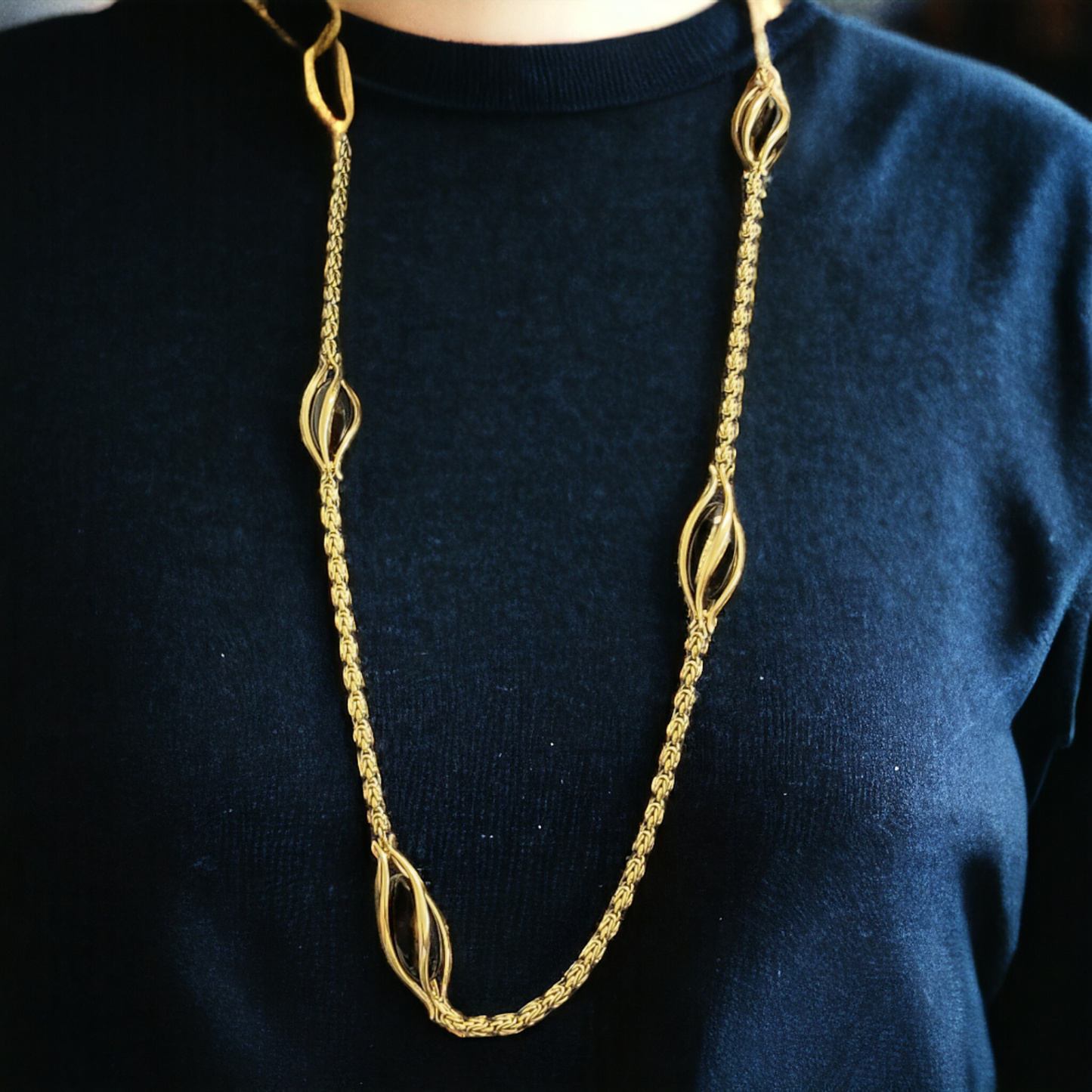 Bucherer 1970s 18KT Yellow Gold Onyx Byzantine Link Chain Necklace on neck