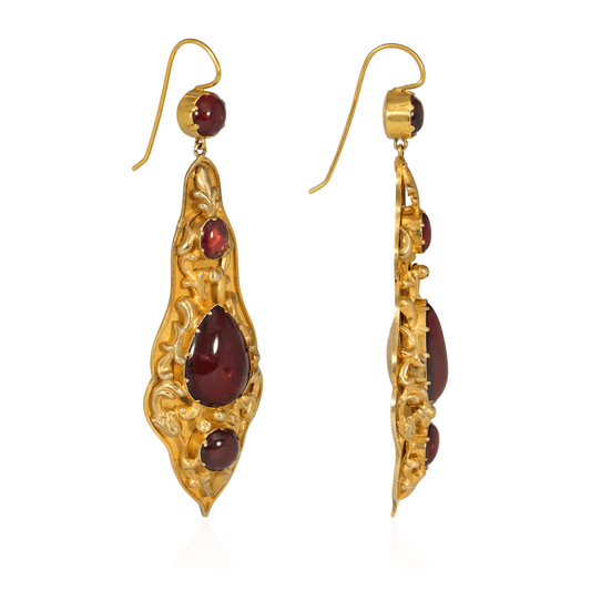 Georgian 18KT Yellow Gold Garnet Repoussé Pendant Earrings side