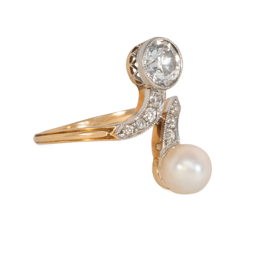 Edwardian Platinum & 18KT Yellow Gold Diamond & Natural Pearl Ring side