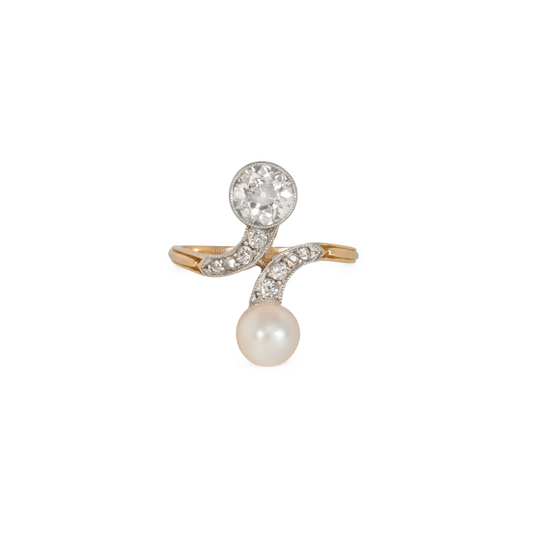 Edwardian Platinum & 18KT Yellow Gold Diamond & Natural Pearl Ring front