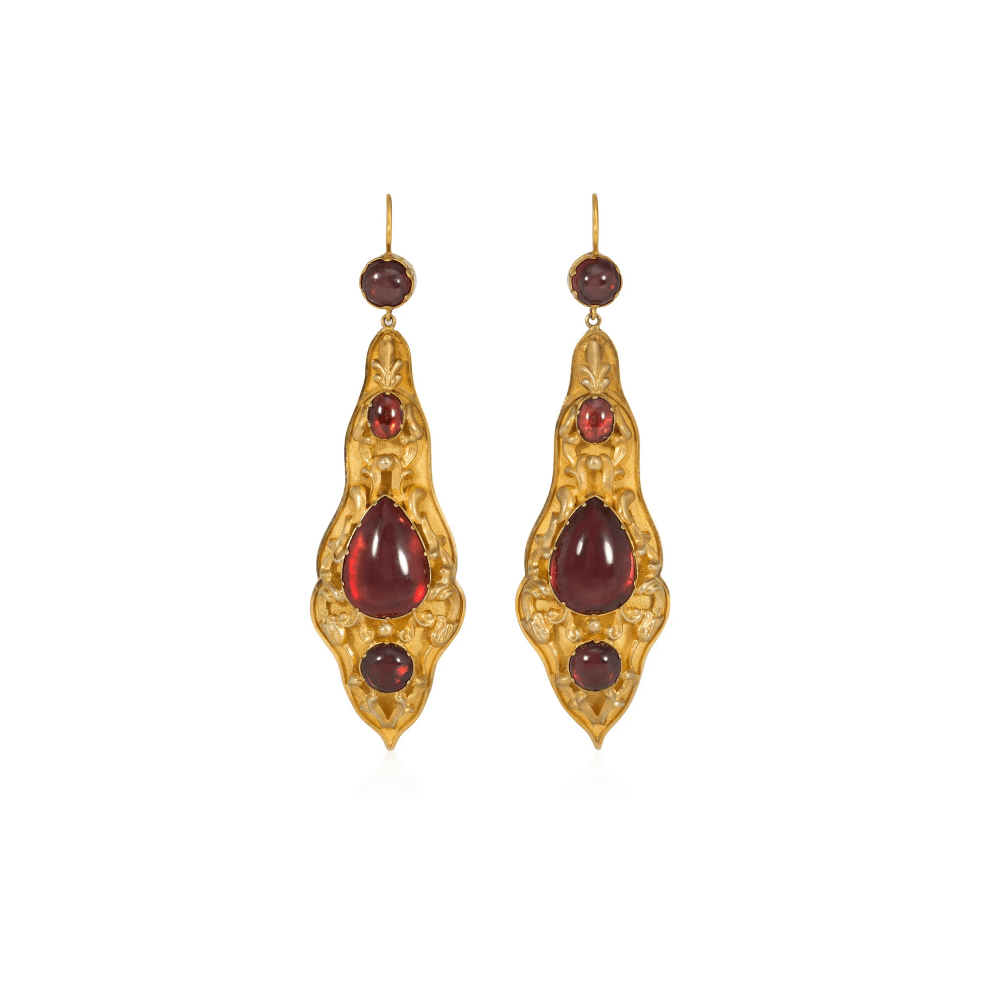 Georgian 18KT Yellow Gold Garnet Repoussé Pendant Earrings front