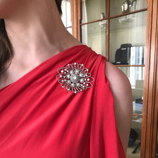 Mellerio French 1940s Platinum & 18KT Yellow Gold Diamond Brooch worn on red dress