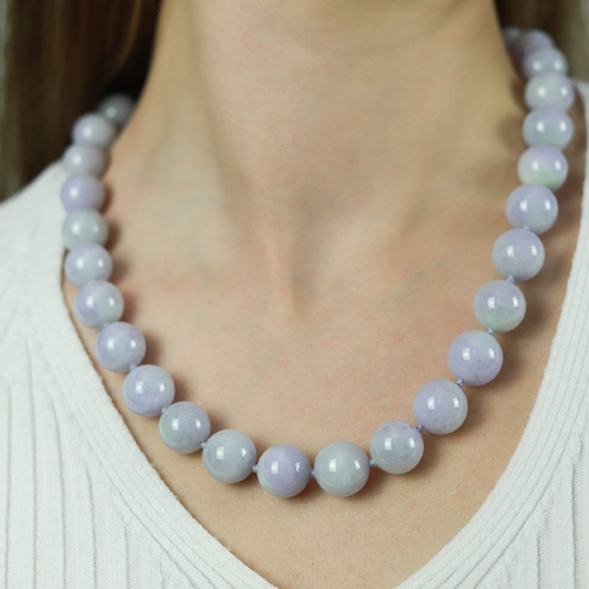 1950s 18KT White Gold Lavender Jade & Diamond Necklace on neck