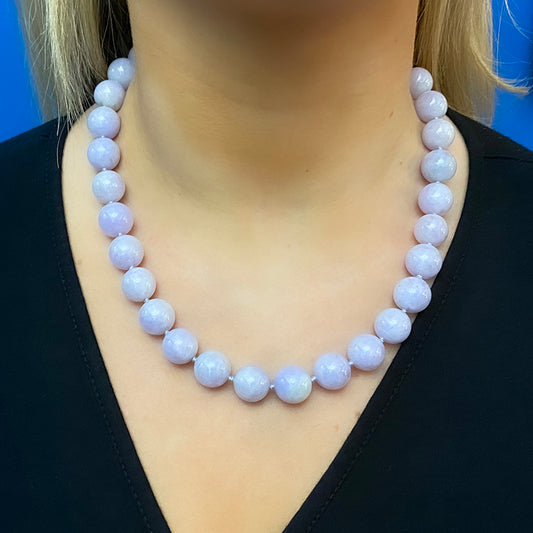 1950s 18KT White Gold Lavender Jade & Diamond Necklace on neck