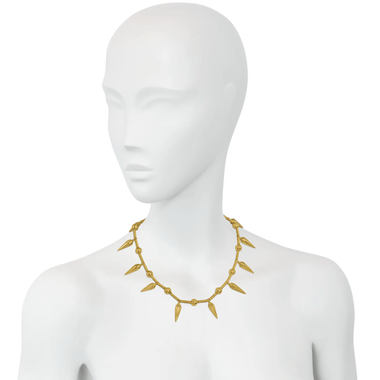 Castellani 1980s Etruscan Revival 15KT Yellow Gold Necklace on neck