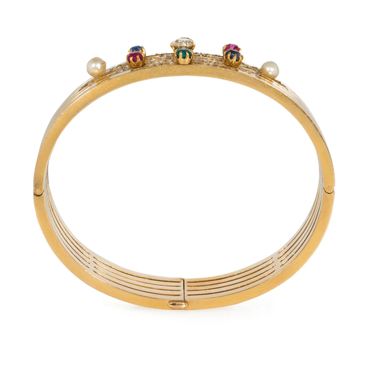 Antique 18KT Yellow Gold Multigem Bangle Bracelet profile