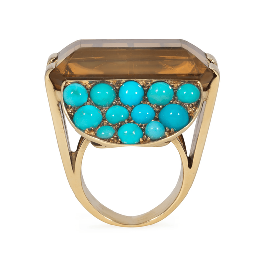 Retro 14KT Yellow Gold Citrine & Turquoise Ring profile