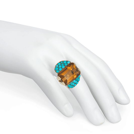 Retro 14KT Yellow Gold Citrine & Turquoise Ring on finger