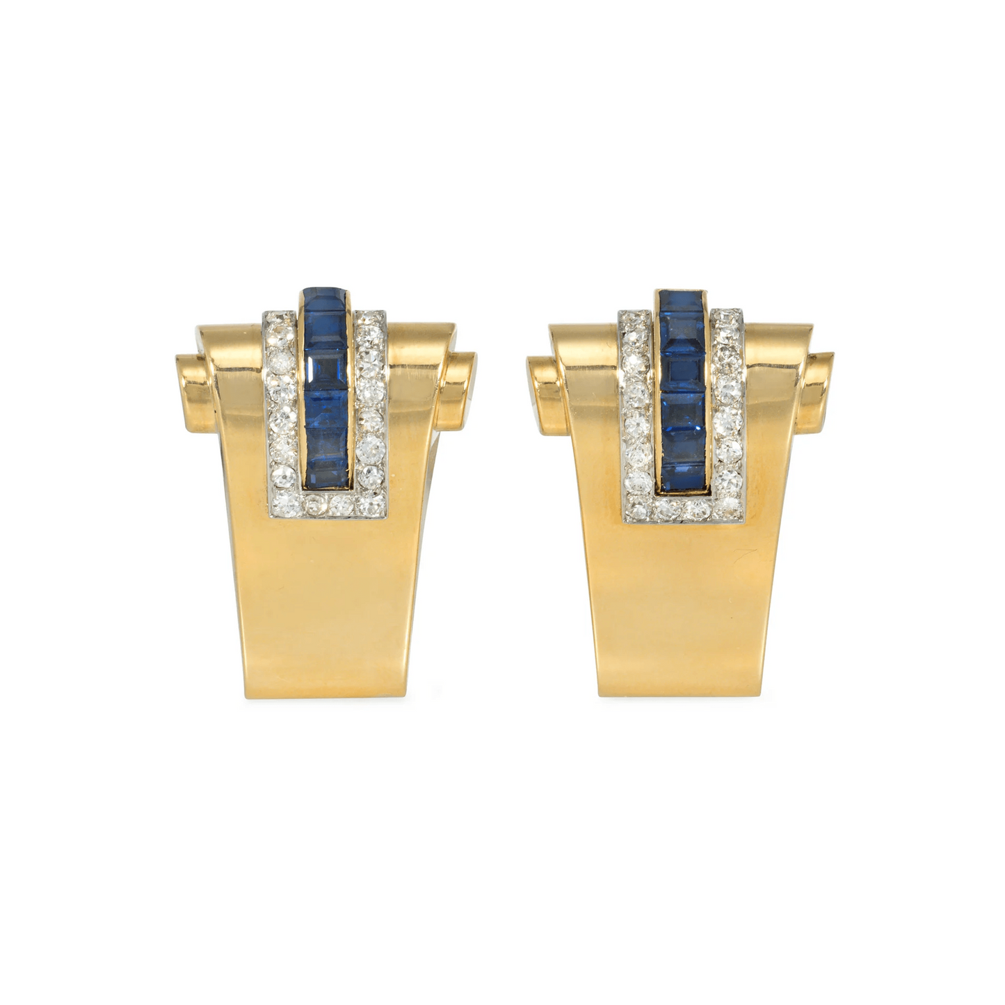 Boucheron Paris Retro Platinum & 18KT Yellow Gold Diamond & Sapphire Clips front