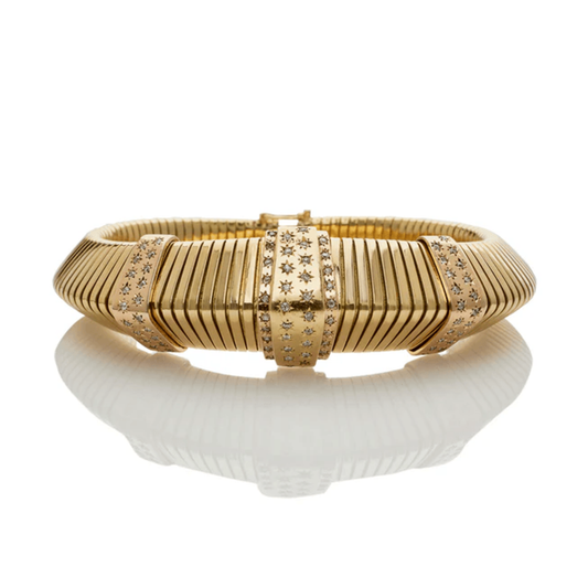 French Retro 18KT Yellow Gold Diamond Tubogas Bracelet front