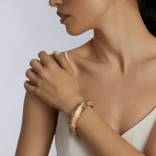 French Retro 18KT Yellow Gold Diamond Tubogas Bracelet on wrist
