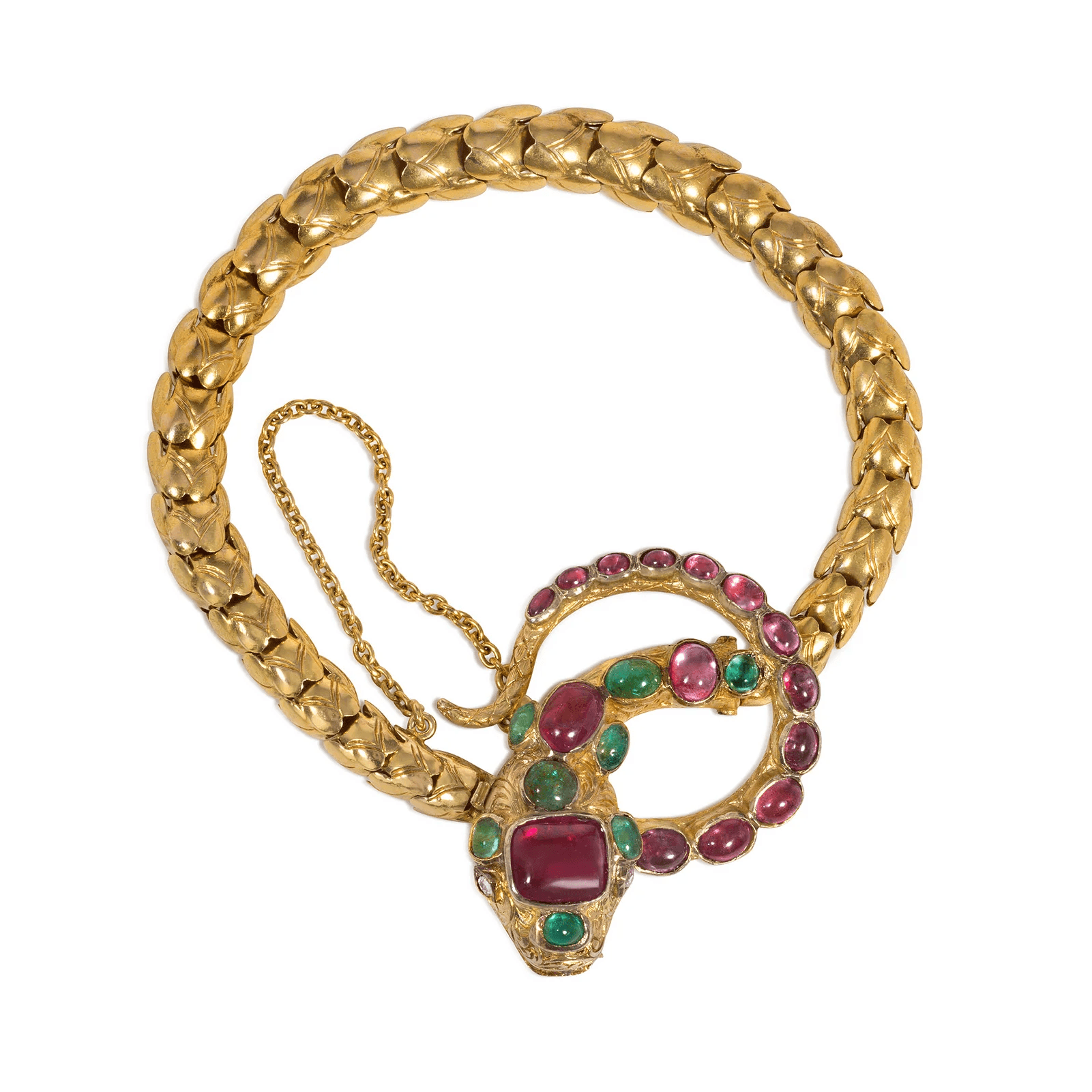 Georgian 18KT Yellow Gold Ruby & Emerald Snake Bracelet front