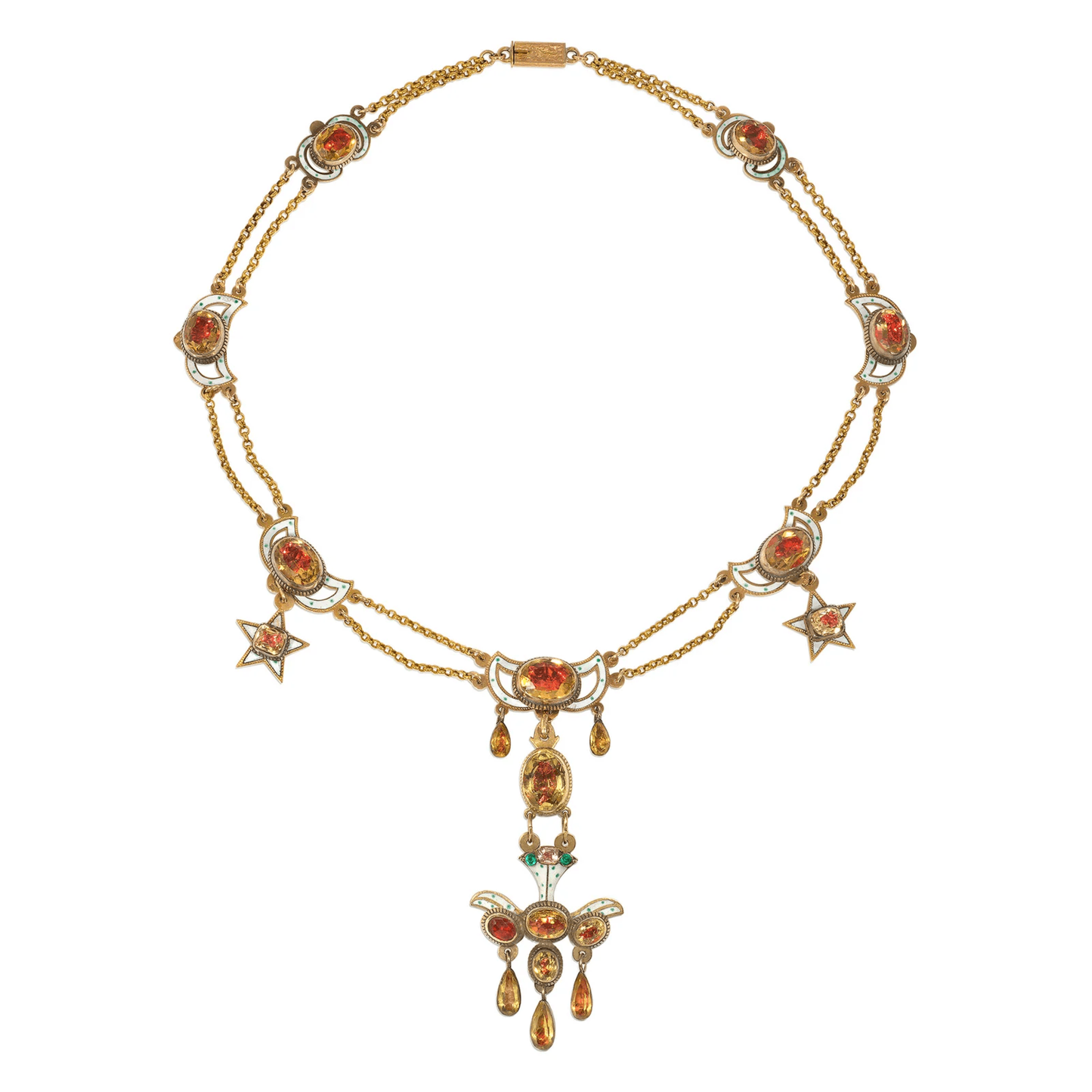 Georgian 18KT Yellow Gold Citrine, Emerald, Enamel & Tourmaline Necklace front