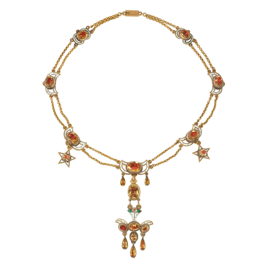 Georgian 18KT Yellow Gold Citrine, Emerald, Enamel & Tourmaline Necklace front