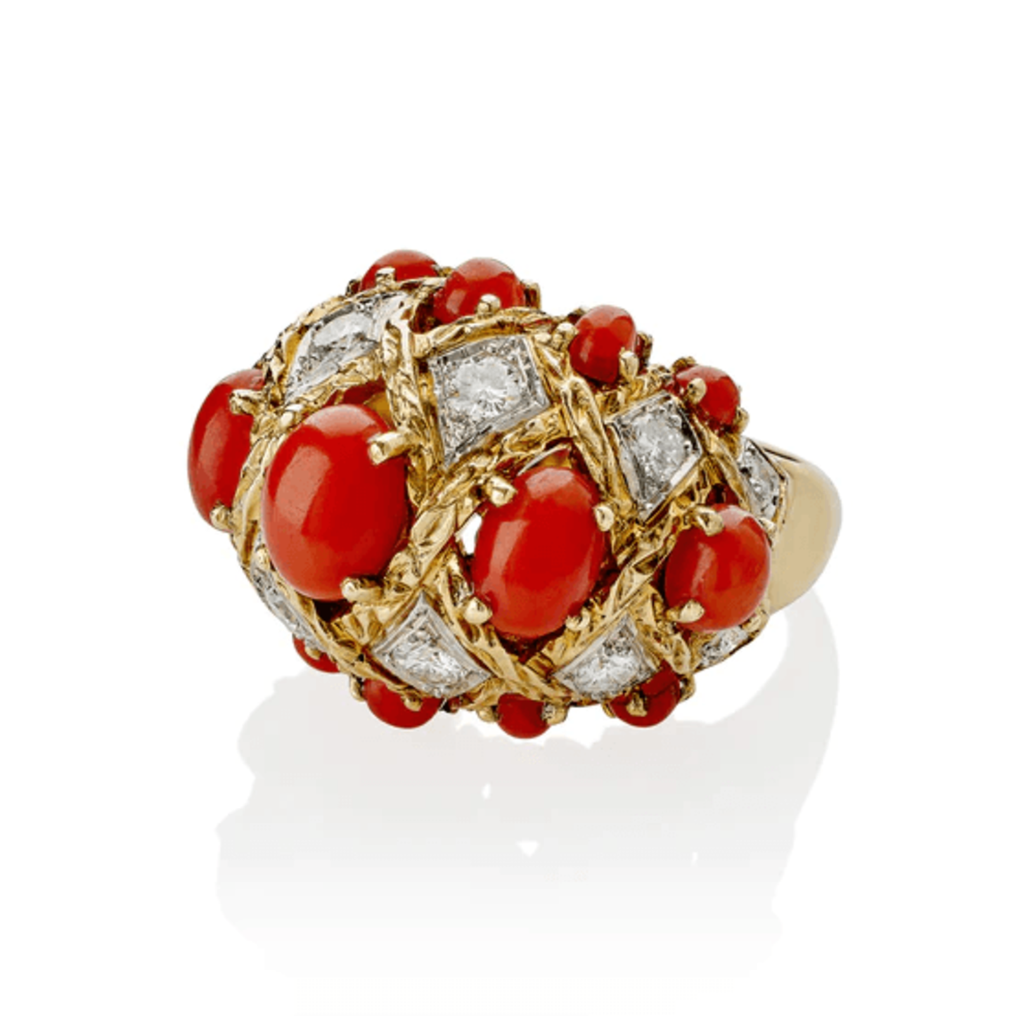 André Vassort Paris 1960s Platinum & 18KT Yellow Gold Coral & Diamond Bombé Ring side