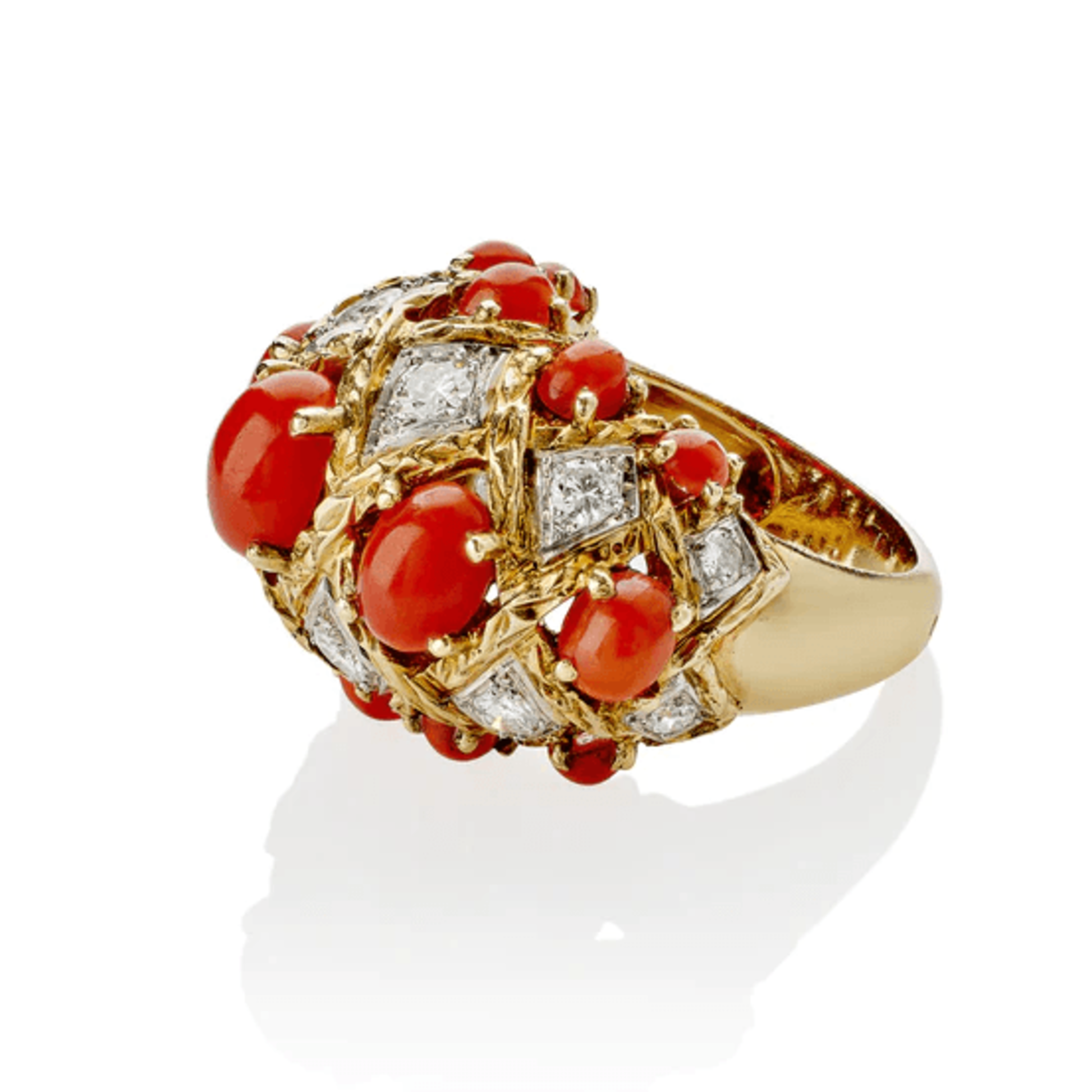 André Vassort Paris 1960s Platinum & 18KT Yellow Gold Coral & Diamond Bombé Ring side