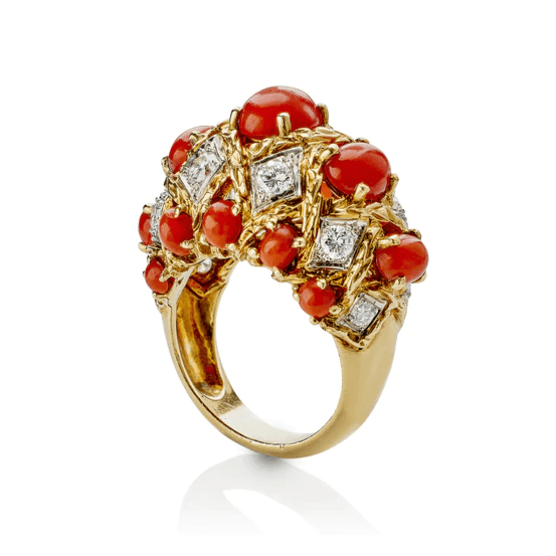 André Vassort Paris 1960s Platinum & 18KT Yellow Gold Coral & Diamond Bombé Ring profile