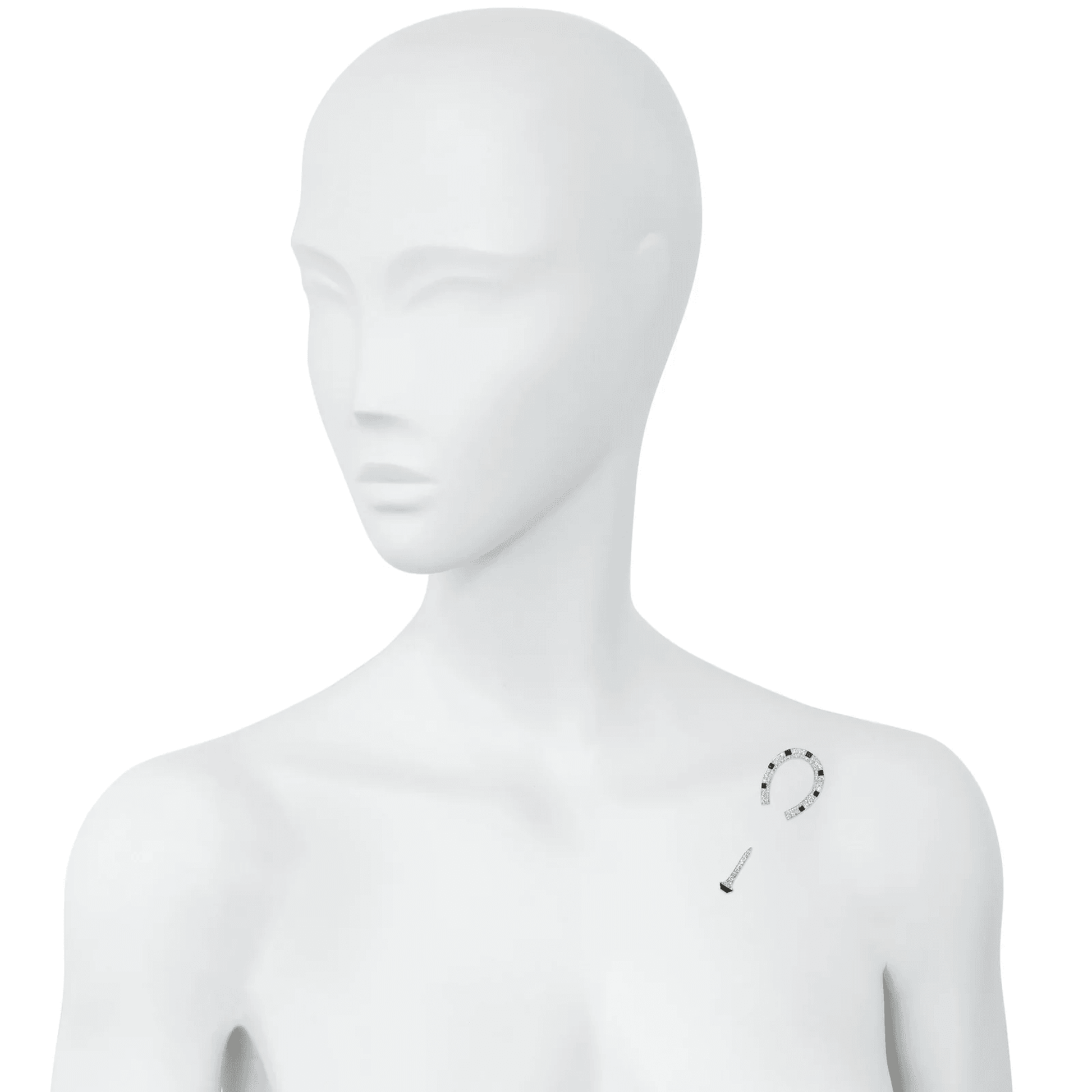 French Art Deco Platinum Diamond & Onyx Horseshoe & Nail Jabot on shoulder