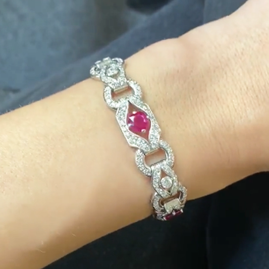 1930s Platinum Ruby & Diamond Bracelet on wrist