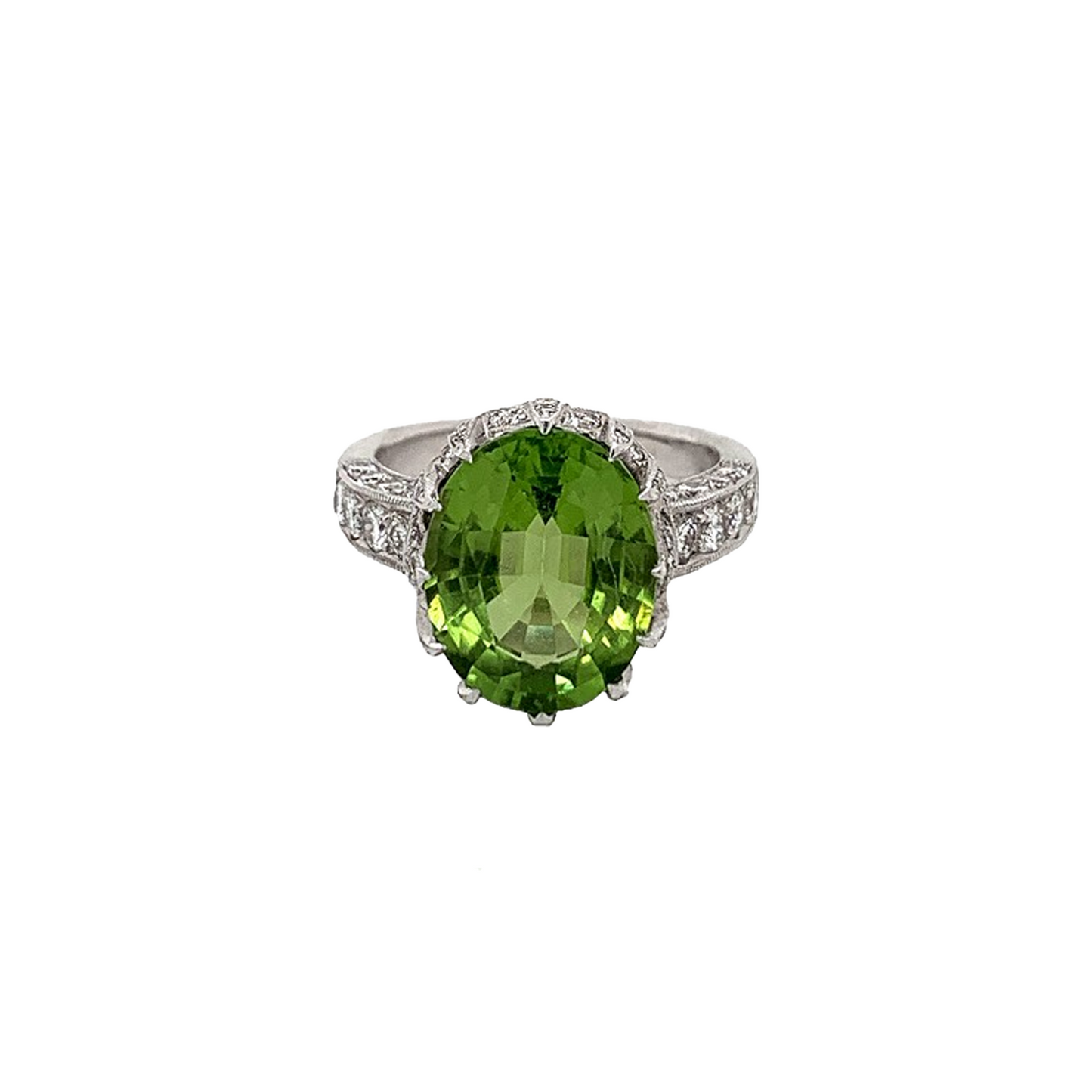 1950s 18KT White Gold Peridot & Diamond Ring front view