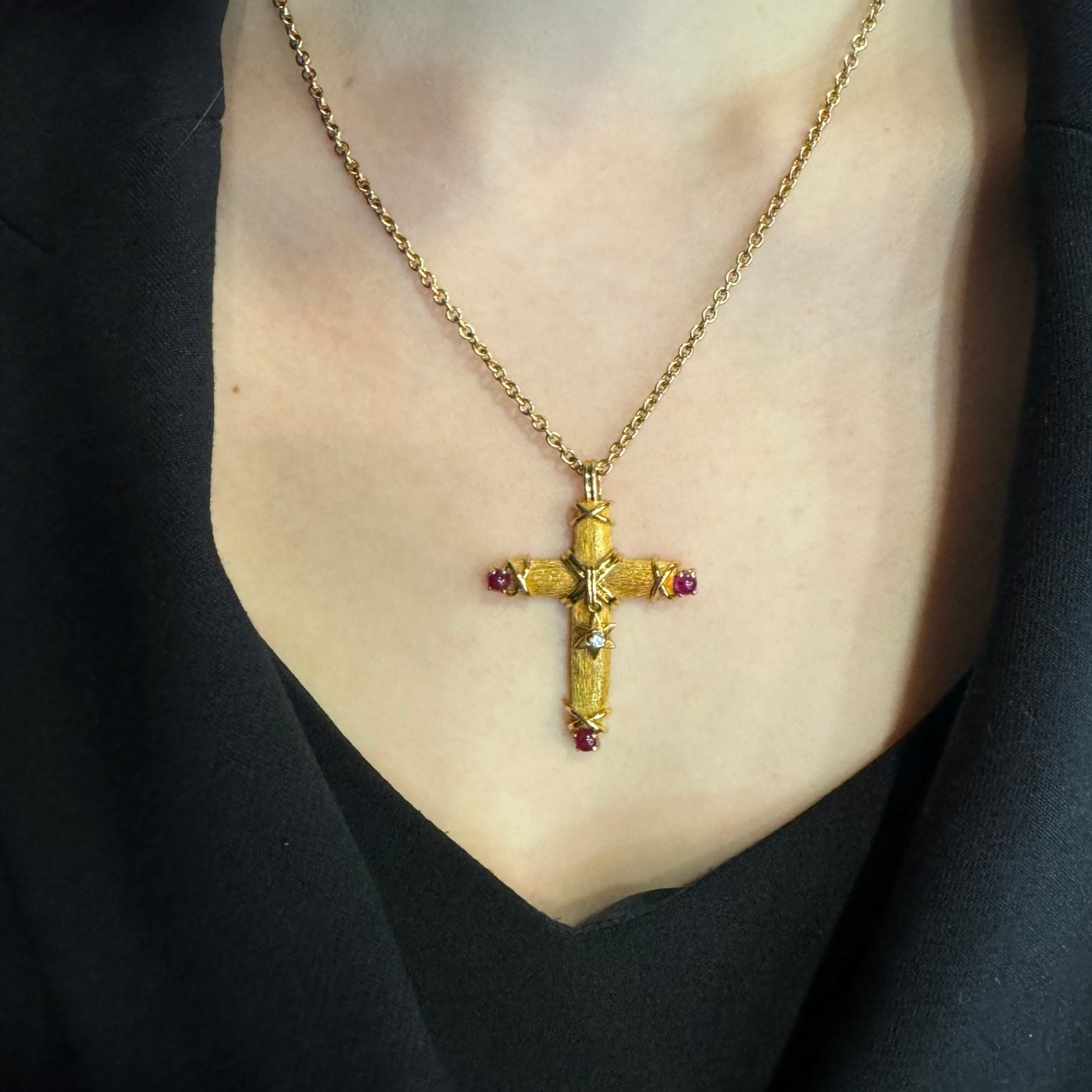 Jean Schlumberger 1980s 18KT Yellow Gold Diamond & Ruby Cross Necklace on neck