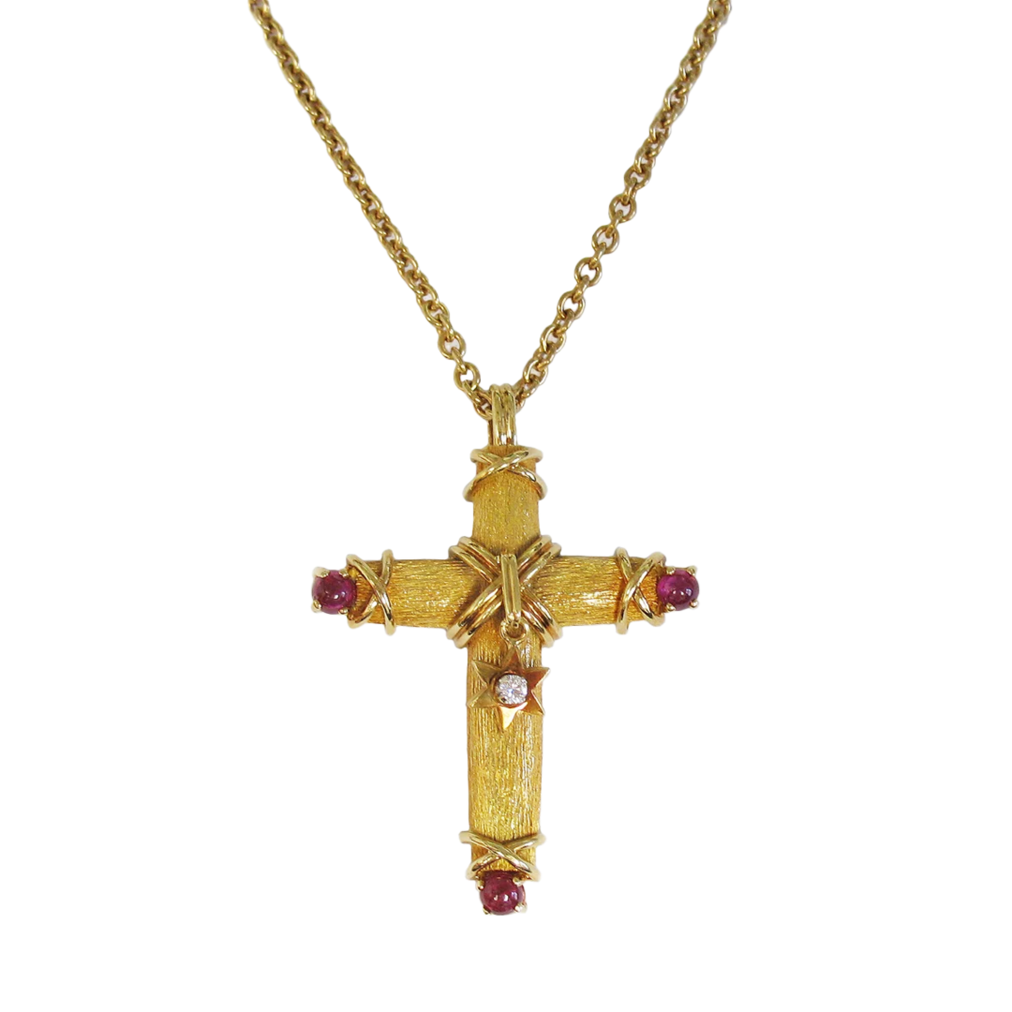 Jean Schlumberger 1980s 18KT Yellow Gold Diamond & Ruby Cross Necklace front