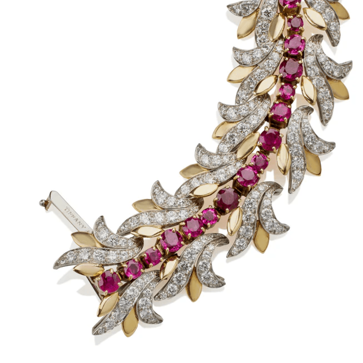 Tiffany & Co. 1950s Platinum & 18KT Yellow Gold Ruby & Diamond Bracelet clasp and signature