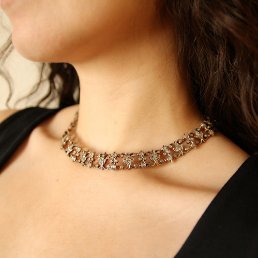 French Antique Silver & 18KT Yellow Gold Diamond Necklace on neck