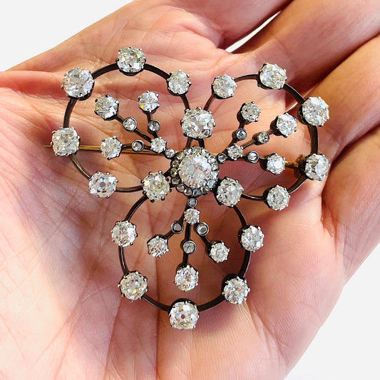 Victorian Silver & 18KT Yellow Gold Diamond Brooch in hand