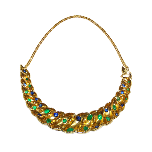 Suzanne Belperron 1930s 18KT Yellow Gold Emerald & Sapphire Necklace front