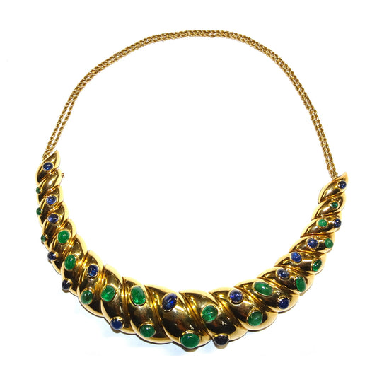 Suzanne Belperron 1930s 18KT Yellow Gold Emerald & Sapphire Necklace front