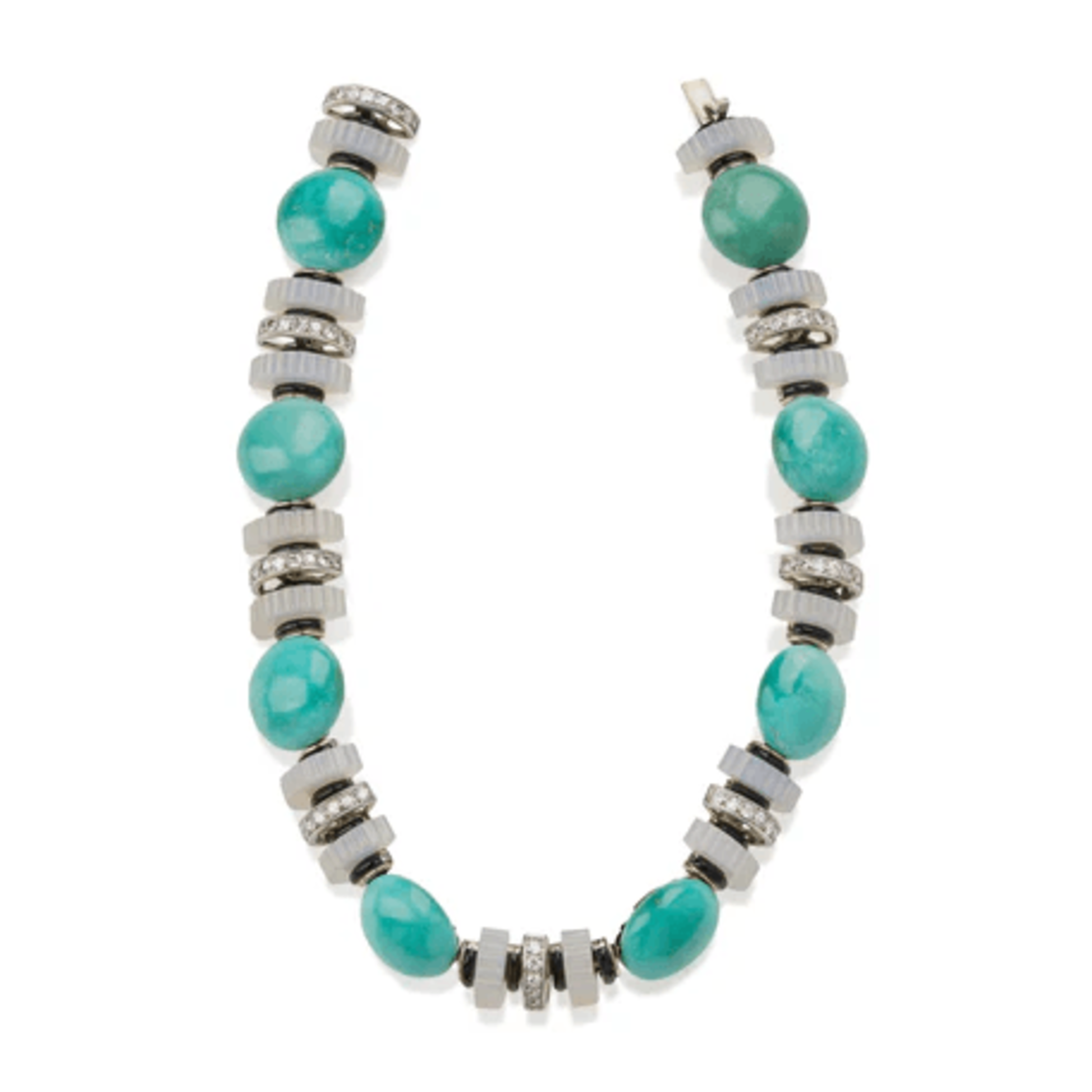 Mauboussin French Art Deco Platinum Diamond, Chalcedony, Enamel, Turquoise Necklace front