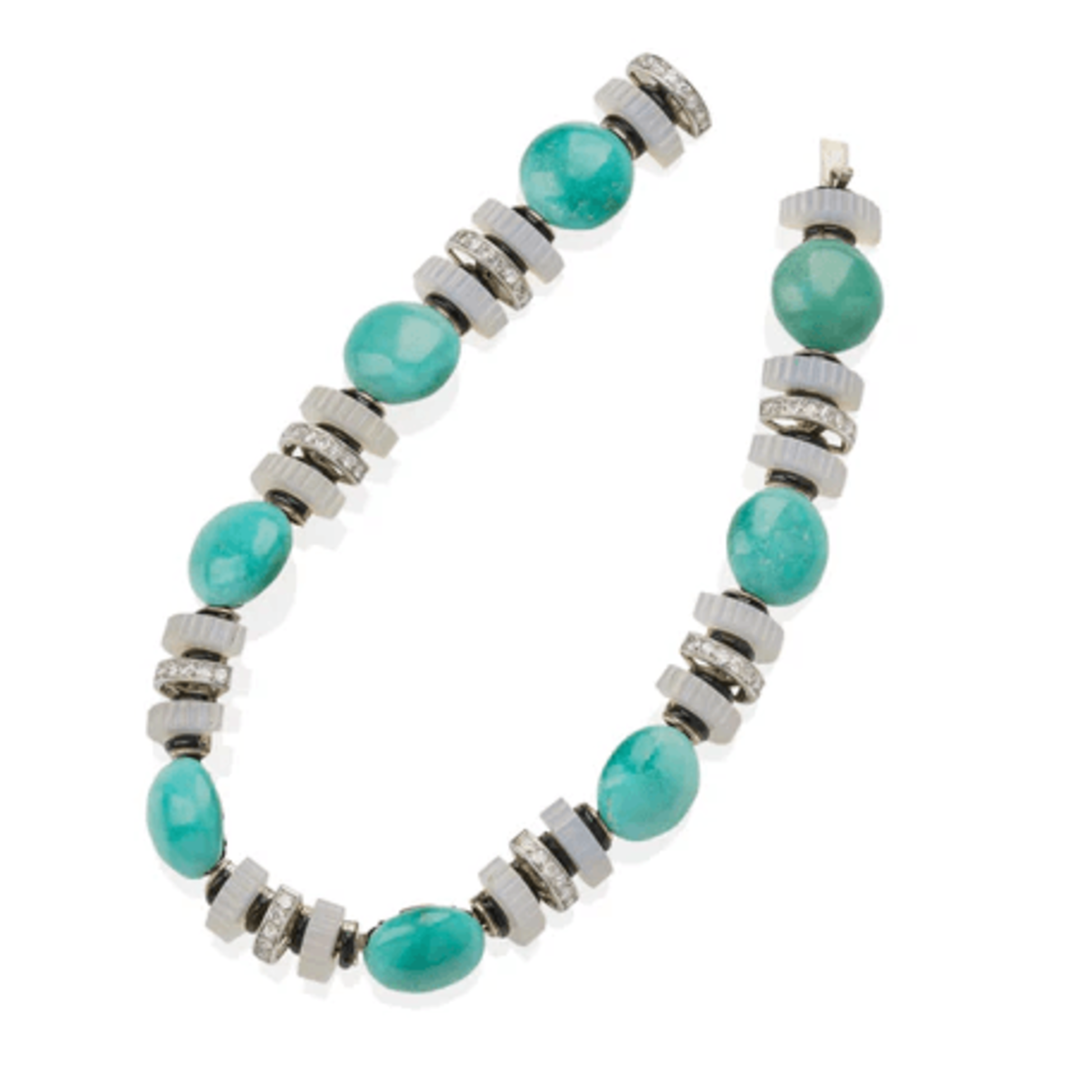 Mauboussin French Art Deco Platinum Diamond, Chalcedony, Enamel, Turquoise Necklace front