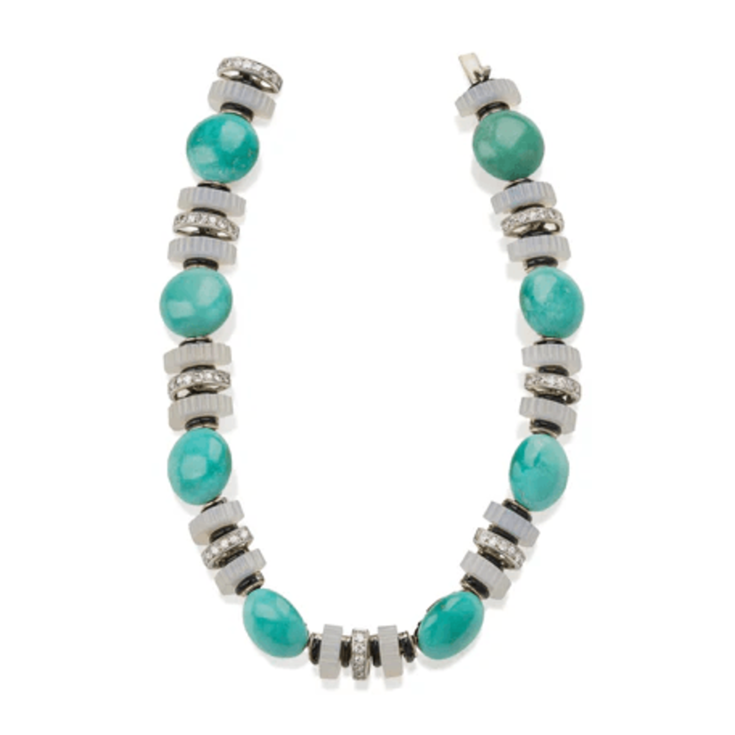 Mauboussin French Art Deco Platinum Diamond, Chalcedony, Enamel, Turquoise Necklace front