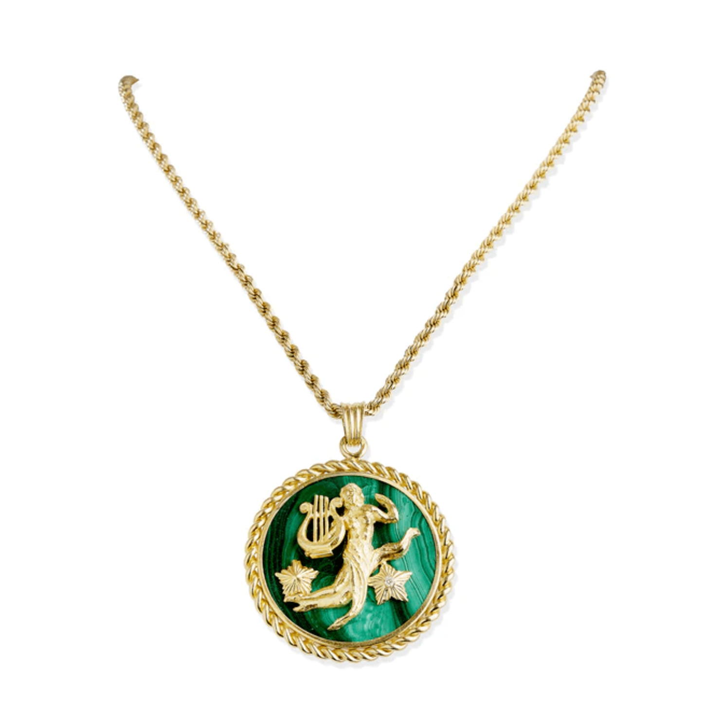 Van Cleef & Arpels French 1970s 18KT Yellow Gold Malachite Virgo Pendant Necklace front