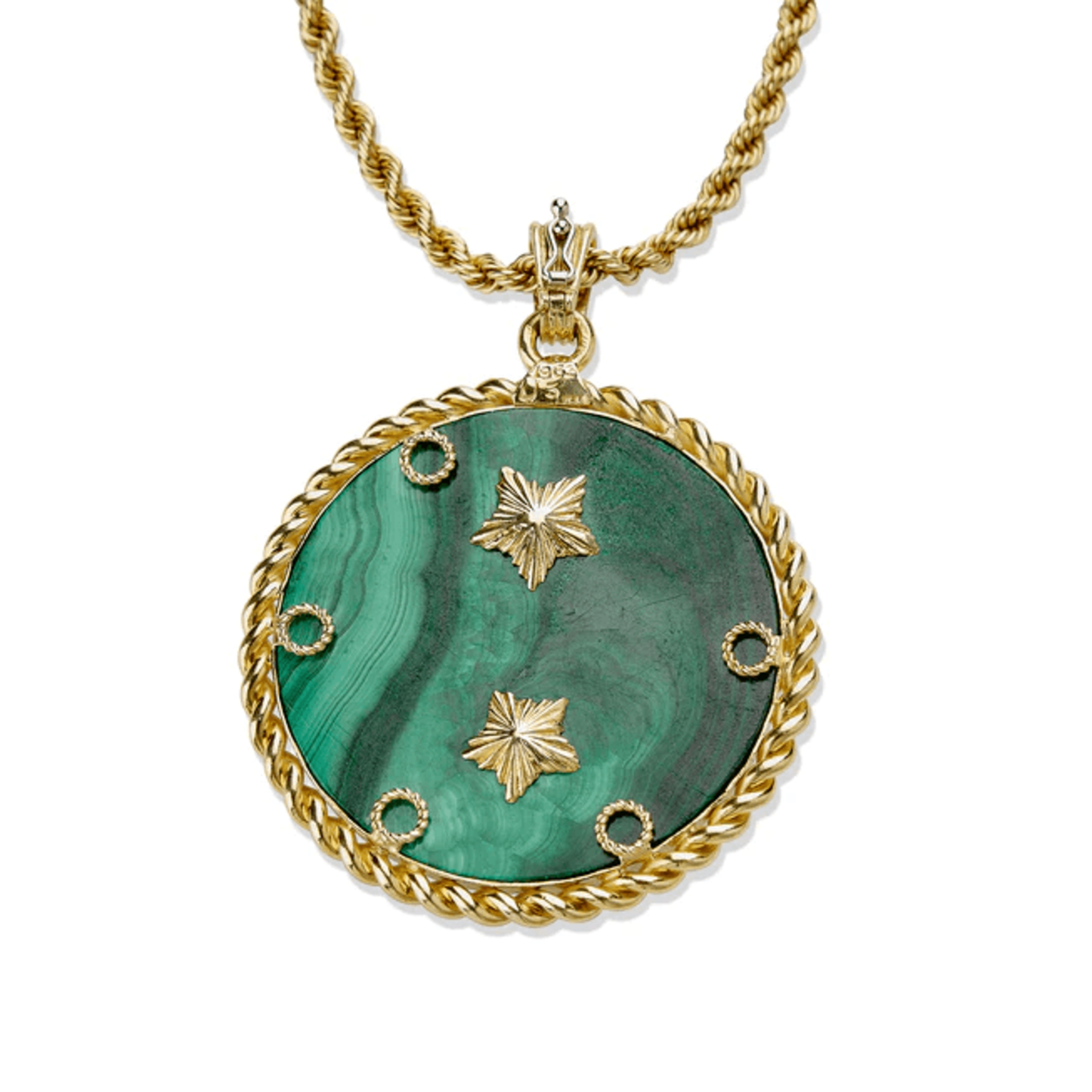 Van Cleef & Arpels French 1970s 18KT Yellow Gold Malachite Virgo Pendant Necklace close-up of back